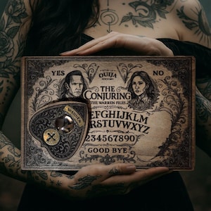 May include: A vintage-style Ouija board with the text "The Conjuring" and the Warren Files. The board features the alphabet, numbers, and the words "Yes" and "No". The planchette has a gold-colored design.