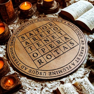 Puede incluir: Una pieza decorativa circular de madera con el texto "SATOR AREPO TENET OPERA ROTAS" en un patr&oacute;n cuadrado. La pieza est&aacute; rodeada de texto y se muestra con velas y libros abiertos, creando un ambiente m&iacute;stico.
