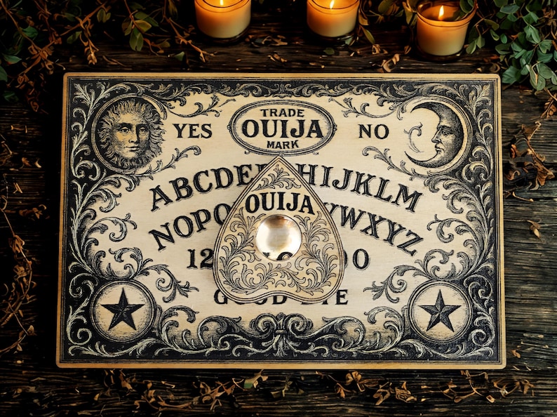 May include: A vintage Ouija board with a planchette. The board features the alphabet, numbers, and the words "Yes" and "No." Ornate black and white designs frame the board, with a sun and moon illustration. The planchette is heart-shaped.