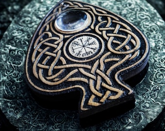 Authentic Ouija in Celtic & Viking style, Esoteric wood engraving with real glass magnifying glass, Ouija board accessory