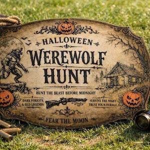 Op de afbeelding: Een ovaal houten bord met de tekst HALLOWEEN WEREWOLF HUNT, HUNT THE BEAST BEFORE MIDNIGHT, DARK FORESTS & OLD LEGENDS, SURVIVE THE NIGHT TRUST YOUR COURAGE en FEAR THE MOON, voorzien van illustraties van een weerwolf, hut en pompoenen.
