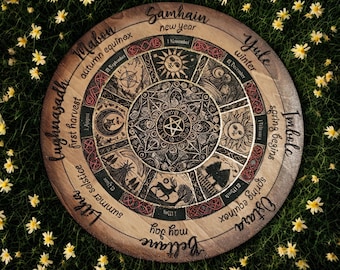 Wicca - Wiccan Wheel of the Year Engraved in Wood - Sacred Tool for the Sabbats - cycle of the seasons in the Pagan and Wiccan tradition.