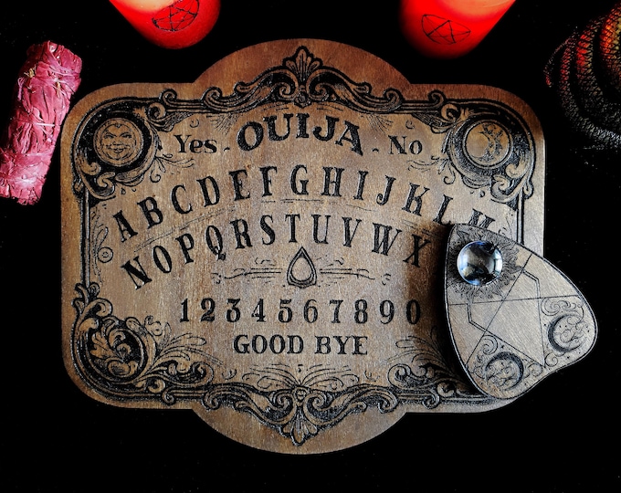Featured listing image: Ouija Engraved on Wood, Model "CLASSIC ONE". Authentic Spiritism with this ouija board in an old and refined style. Mystical Object.