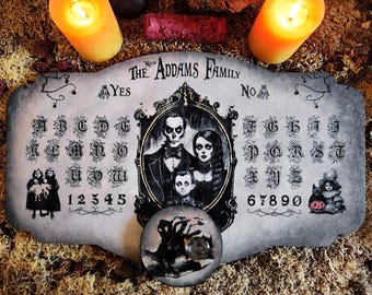 Ouija and Spiritism with the Addams Family, Authentic ouija board on engraved wood delivered with authentic glass pointer, Esotericism.