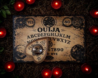 Ouija board engraved on wood with authentic glass magnifying glass pointer – Handcrafted esoteric Ouija board with planchette, mystical & occult tool.