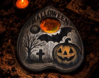 Halloween Ouija Pointer - Engraved Wooden Mystical Object with Glass Magnifier - Ouija Board Accessory & Halloween Decoration