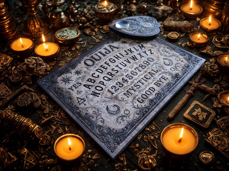 May include: A vintage Ouija board with a planchette, surrounded by lit candles and mystical artifacts. The board features the alphabet, numbers, and phrases like "Yes," "No," and "Good Bye." The scene is dimly lit, creating a mysterious atmosphere.