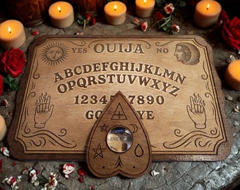 Vintage Ouija Board in Engraved Wood with Planchette - Spiritualism Accessory, Esoteric Decoration - Witchcraft & Esotericism - Occult