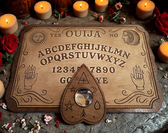 Featured listing image: Vintage Ouija Board in Engraved Wood with Planchette - Spiritualism Accessory, Esoteric Decoration - Witchcraft & Esotericism - Occult