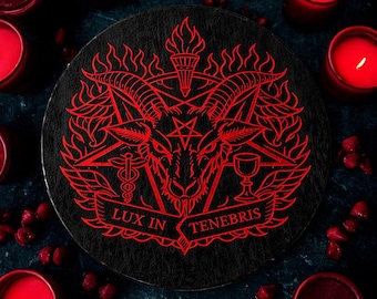 Baphomet Esoteric Engraved Wooden Plaque – Baphomet red engraving, pentagram and “Lux in Tenebris” symbol. Decorative Occult Art & Rituals