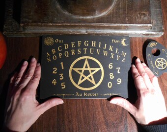 Ouija mini "protective pentacle" black and gold woodcut and hand painted, Spirit Board, Planchette, Spirit Board, Spiritism