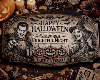 May include: A rectangular wooden sign featuring a vampire and a witch illustration with the text HAPPY HALLOWEEN Wishing you a FRIGHTFUL NIGHT TRICK OR TREAT. The design includes three jack-o'-lanterns, bats, and an eye symbol in a vintage style.