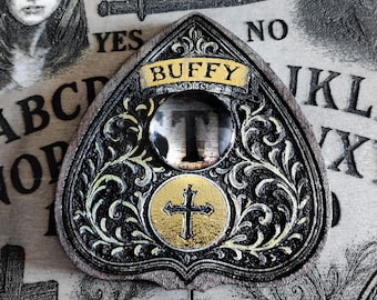 Ouija, "Buffy the Vampire Slayer" Pointer Mystical Object Engraved on Wood with Authentic Glass Magnifying Glass. Buffy the Vampire Slayer Board