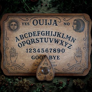 Planche Ouija en Bois Gravé Vintage avec Planchette – Spiritisme, Rituel Occulte, Décoration Ésotérique & Ésotérisme Divinatoire.