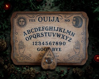 Vintage Engraved Wooden Ouija Board with Planchette - Spiritism, Occult Ritual, Esoteric Decoration & Divinatory Esotericism.