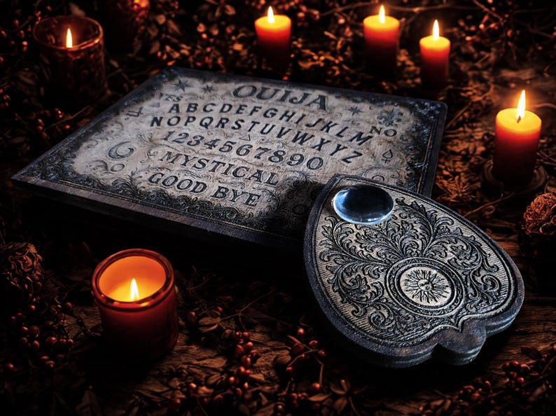May include: A vintage Ouija board with a planchette, surrounded by lit candles. The board is dark with engraved letters, numbers, and phrases. The planchette has a clear lens. The scene is dimly lit, creating a mystical atmosphere.
