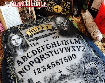 Ouija Prestige on the theme of "Buffy the Vampire Slayer", esotericism, vintage style wooden ouija, divinatory object, pop culture.