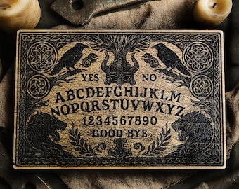 Authentic "CELTIC VIKING" Ouija board with magnifying glass pointer. Elegant Ouija board engraved on wood. Divination and Spiritism.