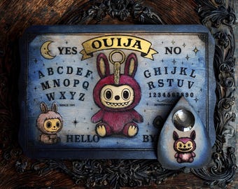 Ouija Labubu & Kawaii one of a kind, handmade wood engraving, Rare Mystical Object, Original Gift for Magical Decoration!
