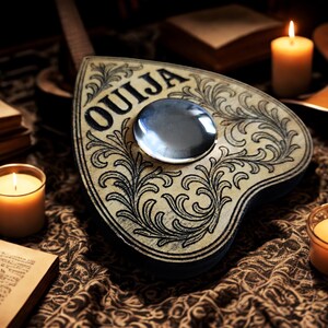 May include: A heart-shaped Ouija board with the word "OU IJA" in black lettering. The board has ornate floral designs and a planchette. Lit candles and open books surround the board, creating a mystical atmosphere.