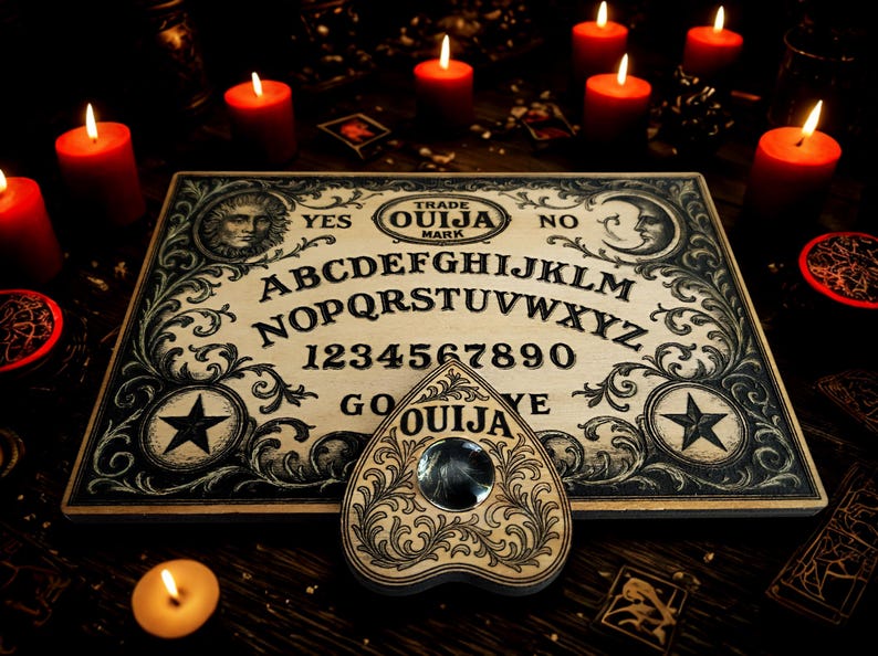 May include: A wooden Ouija board with a planchette, surrounded by lit red candles. The board features the alphabet, numbers, and the words "YES" and "NO". The planchette has a clear gem in the center and is decorated with floral designs.
