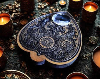 Engraved Wooden Ouija Board with Authentic Glass Magnifying Glass - Esoteric Accessory for Divination and Spiritism. Gothic Decor