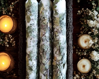 White magic ritual candles, Purification, protection & positive energy with dried flowers - Spiritual harmony, Benevolent spell