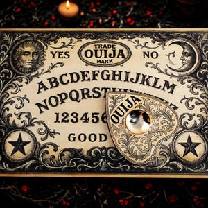 May include: A vintage Ouija board with a planchette. The board features the alphabet, numbers, and the words "Yes," "No," and "Good." Decorative elements include a sun, moon, stars, and ornate scrollwork. The planchette has the word "Ouija" on it.