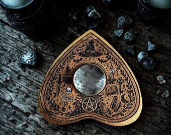 Ouija board in engraved wood with glass magnifying glass – Handcrafted Spirit Board, occult decor, divination & mystical spiritualism decoration