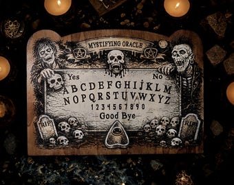 Authentic Ouija board in engraved wood, Gothic Spirit Board with skulls & occult symbols, Spiritism practice, Esoteric decoration