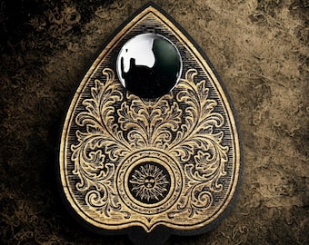 Ouija Esotericism - Engraved wooden Ouija board - Mystical esoteric art, Divinatory art, Gothic and spiritual decoration.