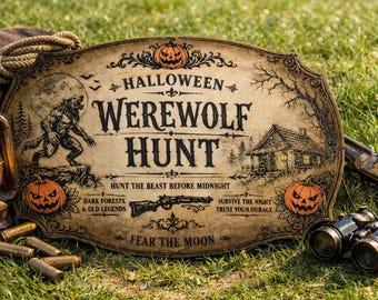 May include: An oval wooden sign with the text HALLOWEEN WEREWOLF HUNT, HUNT THE BEAST BEFORE MIDNIGHT, DARK FORESTS & OLD LEGENDS, SURVIVE THE NIGHT TRUST YOUR COURAGE, and FEAR THE MOON, featuring illustrations of a werewolf, cabin, and pumpkins.