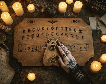 Engraved wooden Ouija board – Handcrafted spirit table with mystical eye, alphabet and numbers, “Yes/No”, “Goodbye”, Divination art.