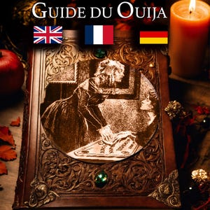 May include: A brown leather-bound book with the title "Guide du Ouija" in gold lettering. The cover features an illustration of two women using a Ouija board. The book has ornate metal corner accents and a green gem. A lit candle and flags of the UK, France, and Germany are in the background.