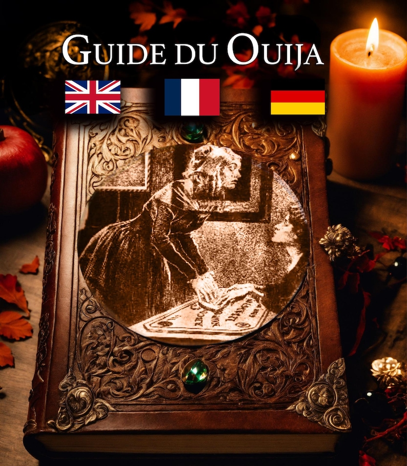 May include: A vintage-style book titled "Guide du Ouija" with a brown leather cover and gold lettering. The cover illustration depicts two women at a Ouija board. The book has decorative metal corners and a green gem. A lit candle and flags of the UK, France, and Germany are visible.
