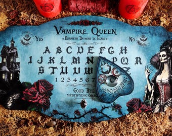 Ouija Deluxe with Enchanted Ring, Spiritism, Vampire, Handmade Wooden Ouija Board, Engraving & Painted Illustration, Halloween!