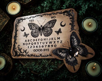 Authentic Ouija board on engraved wood "SACRED BUTTERFLY" divination art & spiritual gothic decoration.