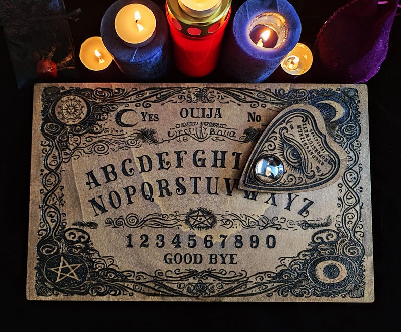 Vintage and Authentic Ouija Board, Wood Engraving with its Pointer and Glass Eye. Spiritism, Cabinet of Curiosities, Esotericism image 1