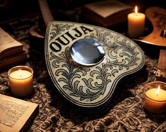 Ouija Pointer in Engraved Wood with Authentic Glass Magnifying Glass, Esoteric Accessory, Planchette of Revelations, Divinatory Object.