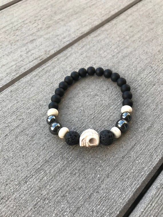 PROTECTION Beaded Stretch Bracelet Onyx/howlite/hematite/lava