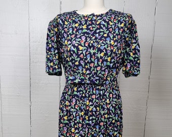 St Michael Dress, Floral 80's Dress, Blue and Purple Dress, Tea Dress, Boho Dress, Shoulder Padded Dress, Vintage Floral Dress