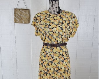 Vintage Dress, Yellow Dress with Pleated Skirt, 1980's Tea Dress, Size: S, 80's Floral Dress, Made in France, Polyester Dress