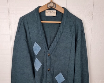 Cardigan bleu, Cardigan de grand-père, Cardigan bleu sarcelle, Taille: L, Cardigan des années 80, Esthétique Hipster