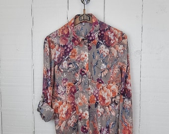 Bloemenblouse, 1990's Floral Blouse, Flower Print Shirt, Floral Shirt, Herfst Aesthetic