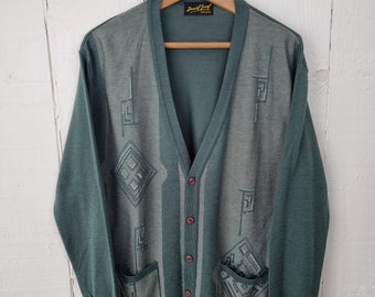 Cardigan vert, Cardigan de grand-père, Cardigan vert et gris, Taille: L, Cardigan des années 80, Esthétique Hipster