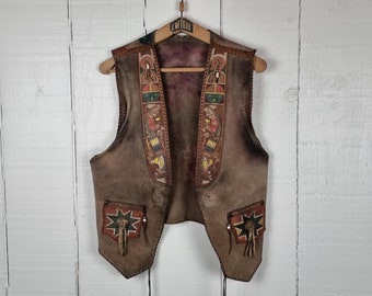 Gilet en cuir Veste de collection amérindienne peinte à la main Vêtements traditionnels Veste d’aigle