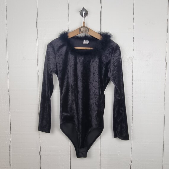 Vintage Bodysuit, 90's Bodysuit, Black Velvet Bodysui… Gem