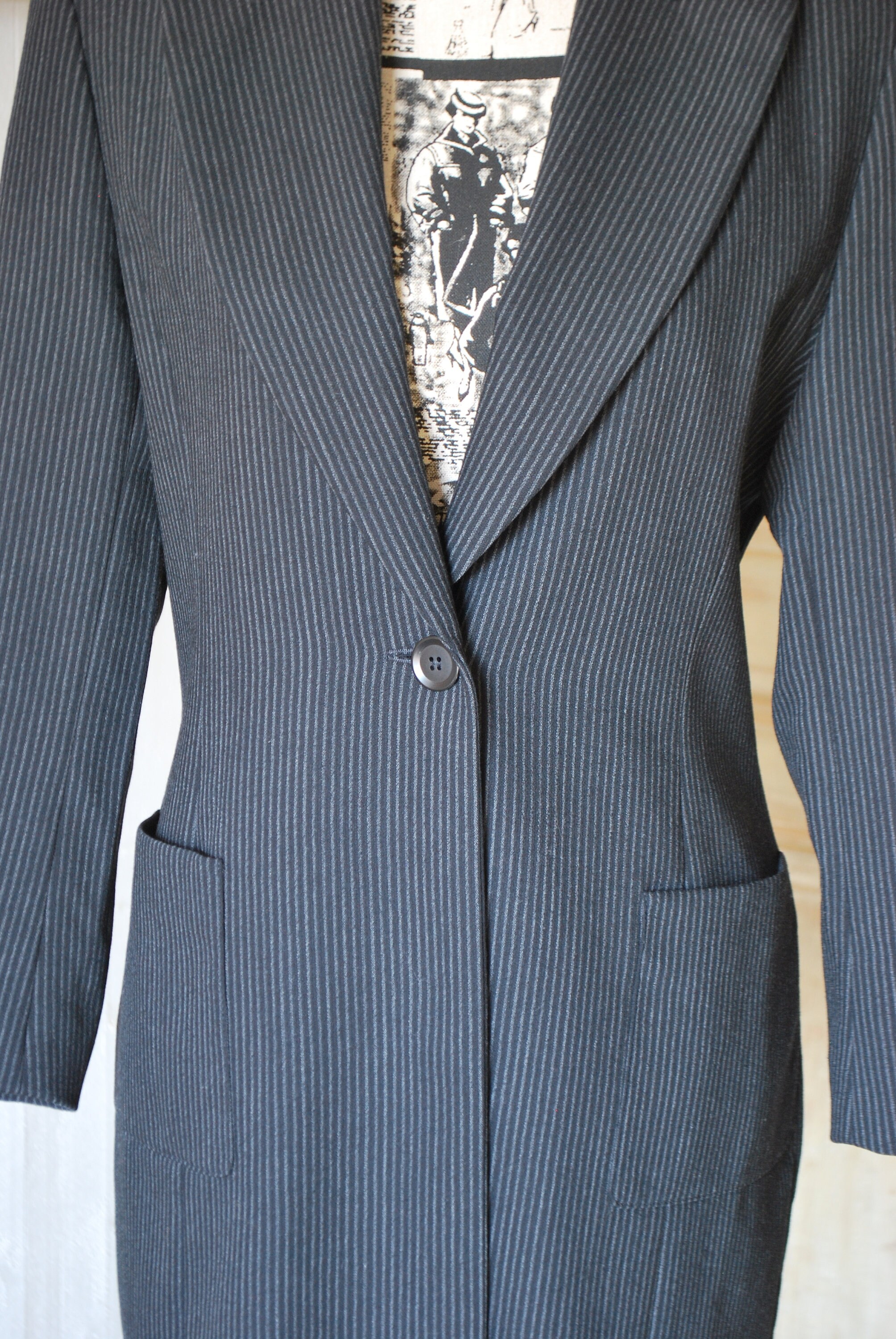 Vintage Pin Striped Jacket Size M Black Grey Striped Jacket Wool