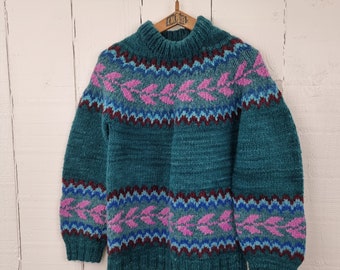 Hand-knit Jumper Green and Pink Jumper 90's Poloneck Sweater Wool Jumper