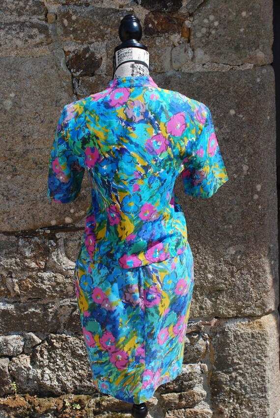 1980's Floral Dress Suit, Blue and Pink Dress, Si… - image 4